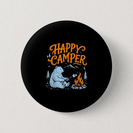 Glücklicher Camper-Bär, der Marshmallows röstet De Button (Vorderseite)