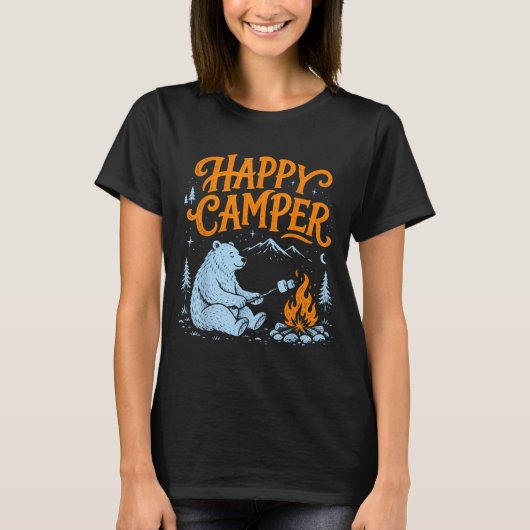 Glücklicher Camper-Bär röstet Marshmallows-Design T-Shirt (Vorderseite)
