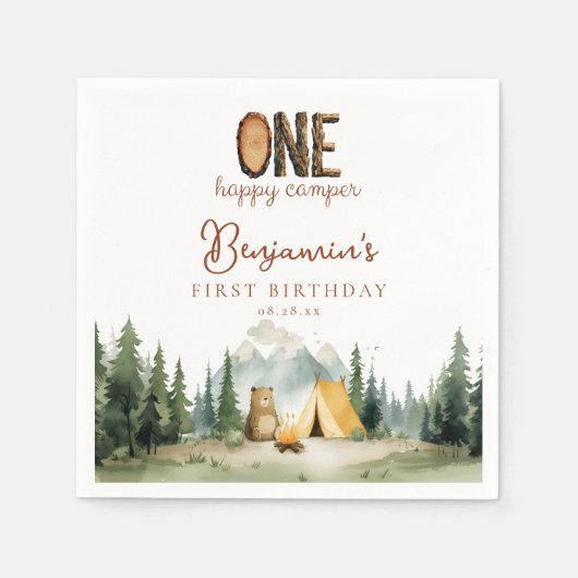 Glücklicher Camper Teddy Bär 1. Geburtstag Serviette (Vorderseite)