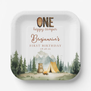 Glücklicher Camper-Teddybär 1. Geburtstag Pappteller