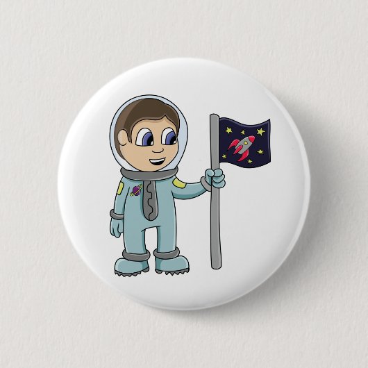Glücklicher Cartoon-Astronaut, der Rocket-Flagge Button (Vorderseite)