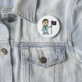 Glücklicher Cartoon-Astronaut, der Rocket-Flagge Button (Beispiel)