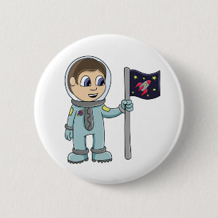 Glücklicher Cartoon-Astronaut, der Rocket-Flagge Button