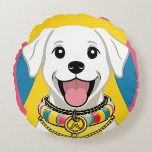 Glücklicher Cartoon-Hund mit farbenfrohem Halsband Rundes Kissen