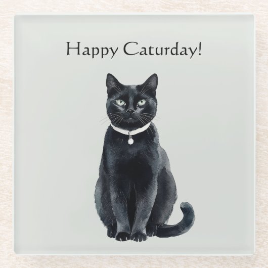Glücklicher Caturday Schwarze Katze Glasuntersetzer (Vorderseite)