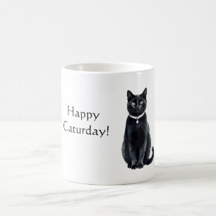 Glücklicher Caturday Schwarze Katze Kaffeetasse