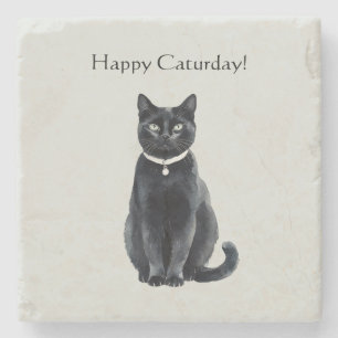 Glücklicher Caturday Schwarze Katze Steinuntersetzer
