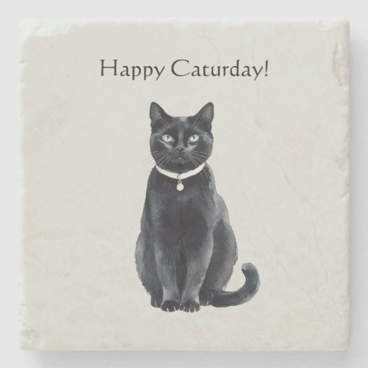 Glücklicher Caturday Schwarze Katze Steinuntersetzer (Vorderseite)