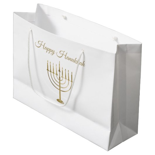 Glücklicher Chanukka-Imitat-GoldMenorah Große Geschenktüte (Vorderseite Schrägansicht)