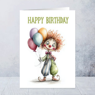Glücklicher Clown hält Luftballons zum Geburtstag Karte