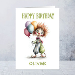Glücklicher Clown hält Luftballons zum Geburtstag Karte