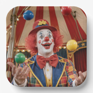 Glücklicher Clown jongliert farbenfrohe Bälle Pappteller