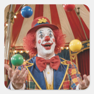 Glücklicher Clown jongliert farbenfrohe Bälle Quadratischer Aufkleber