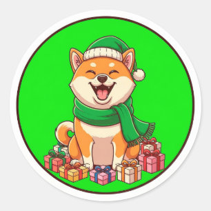 Glücklicher Corgi im Winter Schal und Weihnachtsma Runder Aufkleber