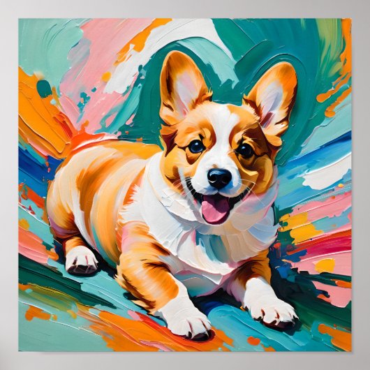 Glücklicher Corgi in Farbexplosion - Abstrakt Poster (Vorne)
