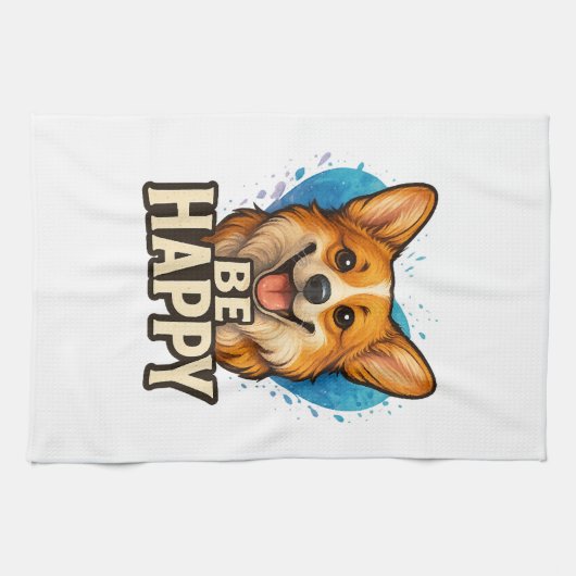 Glücklicher Corgi mit farbenfrohem Herzen - Design Geschirrtuch (Horizontal)