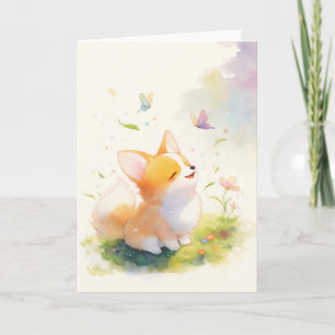 Glücklicher Corgi mit Schmetterlingstanz Karte
