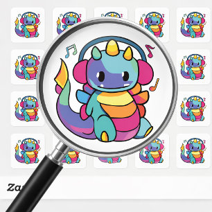 Glücklicher Drache mit Kopfhörern, der Musik hört. Quadratischer Aufkleber