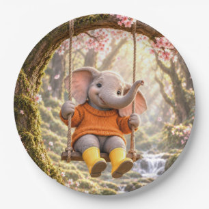 Glücklicher Elefant auf Kirschbaumschaukel Pappteller