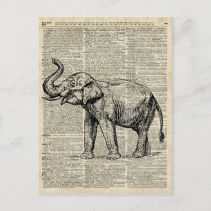 Glücklicher Elefant über Vintage-Wörterbuch-Buchse Postkarte