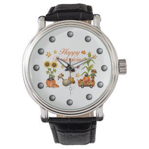Glücklicher Erntedank-Herbst verlässt Kürbis u. Armbanduhr