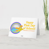 Glücklicher erster Tag der Schule Cartoon Dinosaur Karte (Rückseite)