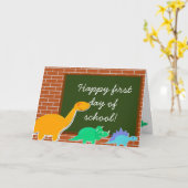 Glücklicher erster Tag der Schule Cartoon Dinosaur Karte (Gelbe Blume)
