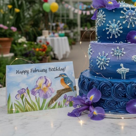 Glücklicher Februar-Geburtstag Eisvogel mit Iris Karte