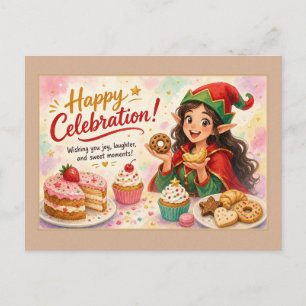 Glücklicher Feier-Elf mit Cupcakes Postkarte