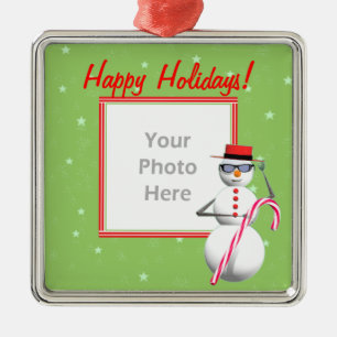 Glücklicher FeiertagSnowman (Fotorahmen) Silbernes Ornament