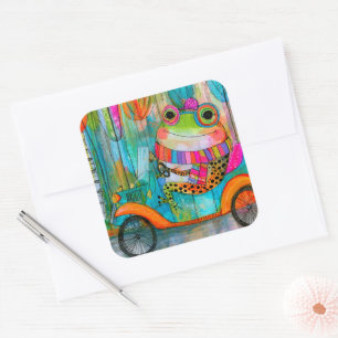 Glücklicher Frosch Fröhliches Straßenabenteuer Quadratischer Aufkleber