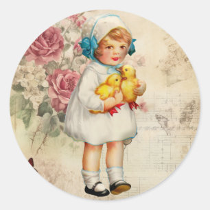 Glücklicher Frühling Vintage Kleines Mädchen & Kük Runder Aufkleber