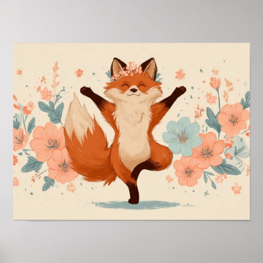 Glücklicher Fuchs mit Blumen – Süße whimische Tier Poster (Vorne)