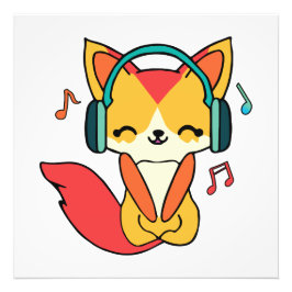 Glücklicher Fuchs mit Kopfhörern, der Musik hört. Fotodruck
