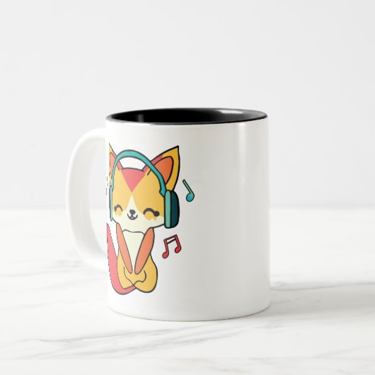 Glücklicher Fuchs mit Kopfhörern, der Musik hört. Zweifarbige Tasse (Vorderseite Links)
