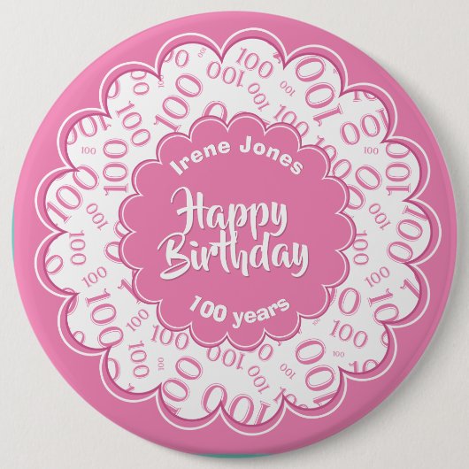 Glücklicher Geburtstag, 100. rosa/weiße Zahlenmust Button (Vorderseite)