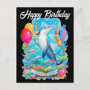 Glücklicher Geburtstag Delfin mit Geburtstagshut Postkarte
