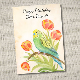 Glücklicher Geburtstag Freund Sittich mit Tulpen Karte