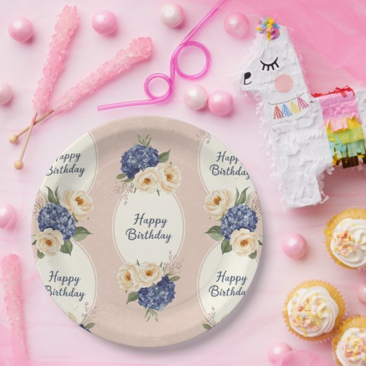 Glücklicher Geburtstag, Hydrangeas und Peonies Pappteller (Party)