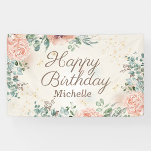 Glücklicher Geburtstag mit rosa Blumen und goldene Banner