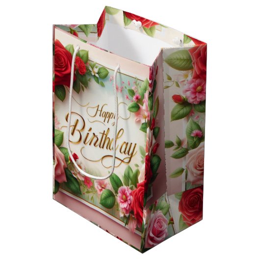 glücklicher Geburtstag Mittlere Geschenktüte (Vorderseite Schrägansicht)