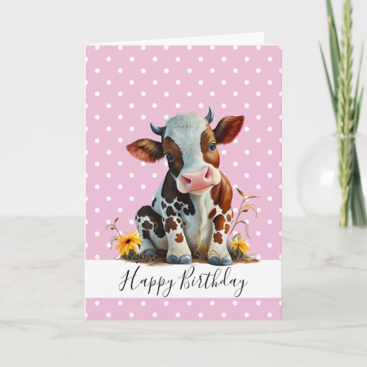 GLÜCKLICHER GEBURTSTAG NIEDLICHE MÄDCHEN BROWN COW KARTE (Vorderseite)