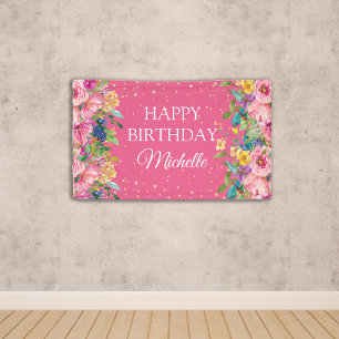 Glücklicher Geburtstag Pink Yellow Blumen Glitter Banner