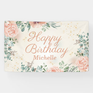 Glücklicher Geburtstag Schriftzug mit rosa Blumen  Banner