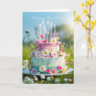 Glücklicher Geburtstagskuchen rosa Kerzen Frühling Karte