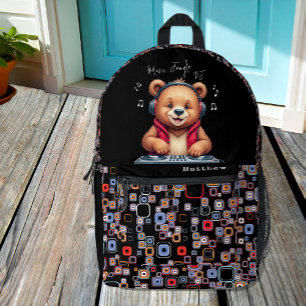 Glücklicher Grizzlybär, lächelnder DJ, Musik-Dschu Bedruckter Rucksack