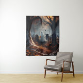 Glücklicher Halloween-Geist auf einem Friedhof Wandteppich (Beispiel)