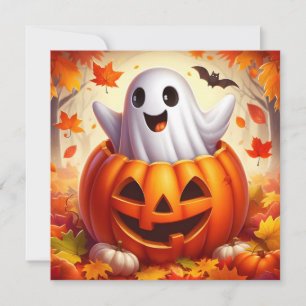Glücklicher Halloween-Geist in Kürbis Feiertagskarte