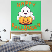 Glücklicher Halloween Geist sitzend auf einem Kürb Leinwanddruck (Insitu (Schlafzimmer))