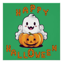 Glücklicher Halloween Geist sitzend auf einem Kürb